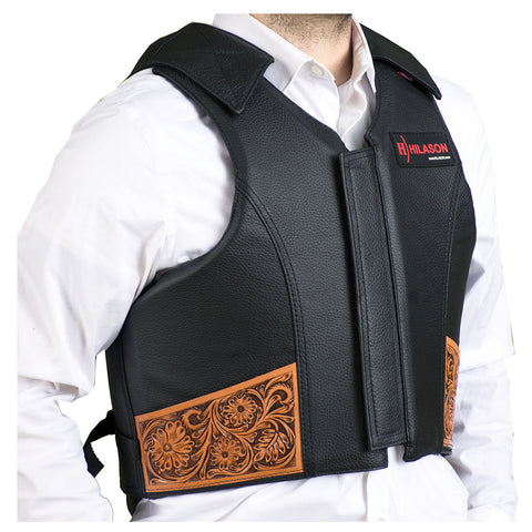 Hilason Bull Riding Rodeo Floral Hand Carved Genuine Leather Vest Black Safety Protective Gear Equipment Vest