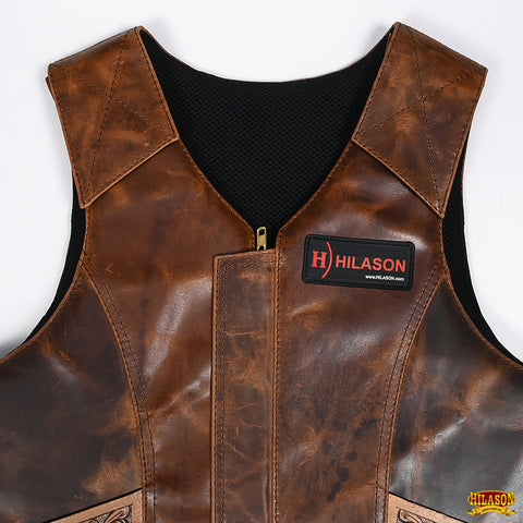 Hilason Bull Riding Rodeo Floral Hand Carved Genuine Leather Vest Black Safety Protective Gear Equipment Vest