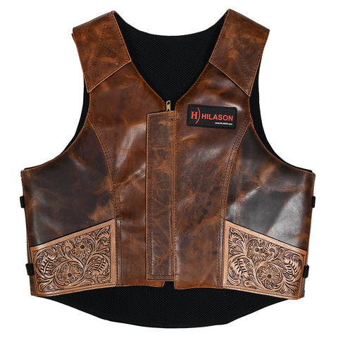 Hilason Bull Riding Rodeo Floral Hand Carved Genuine Leather Vest Black Safety Protective Gear Equipment Vest