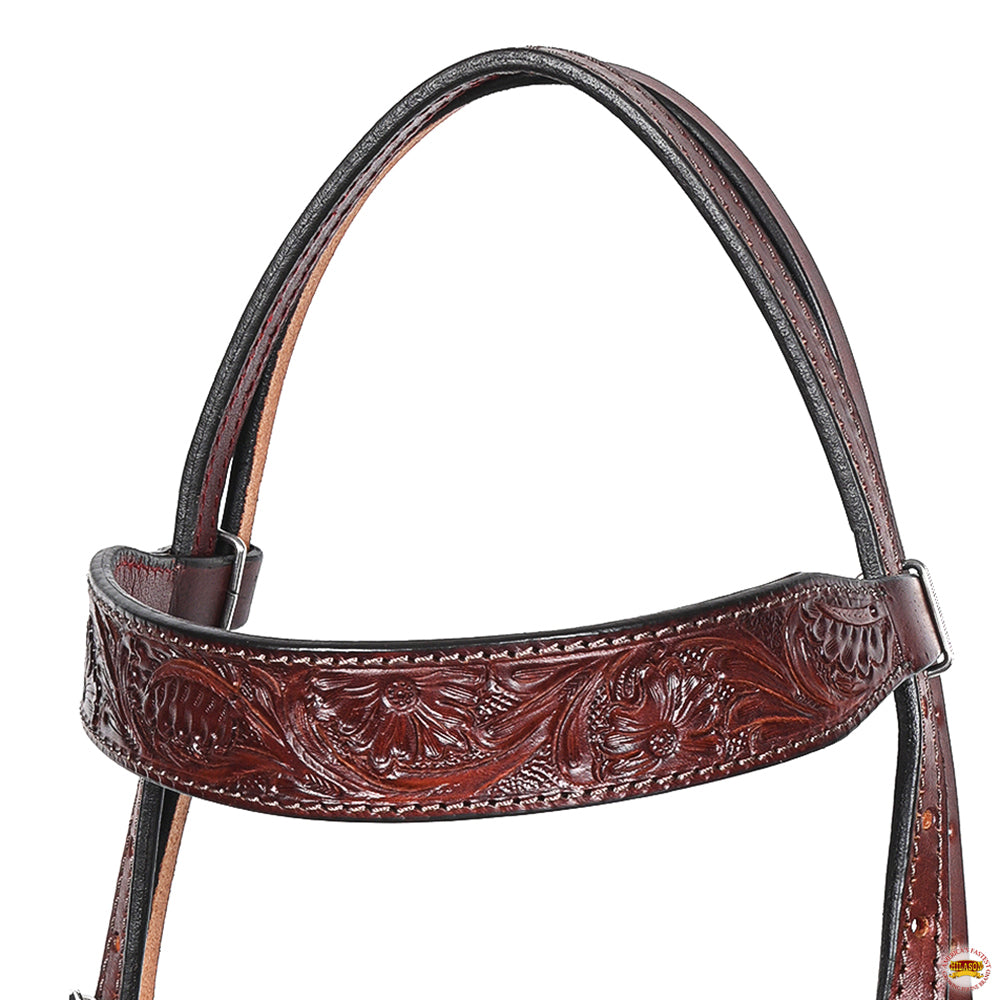 Hilason Western Horse Genuine Leather Headstall Breast Collar Brown Floral Hand Carved Stainless Steel Hardware