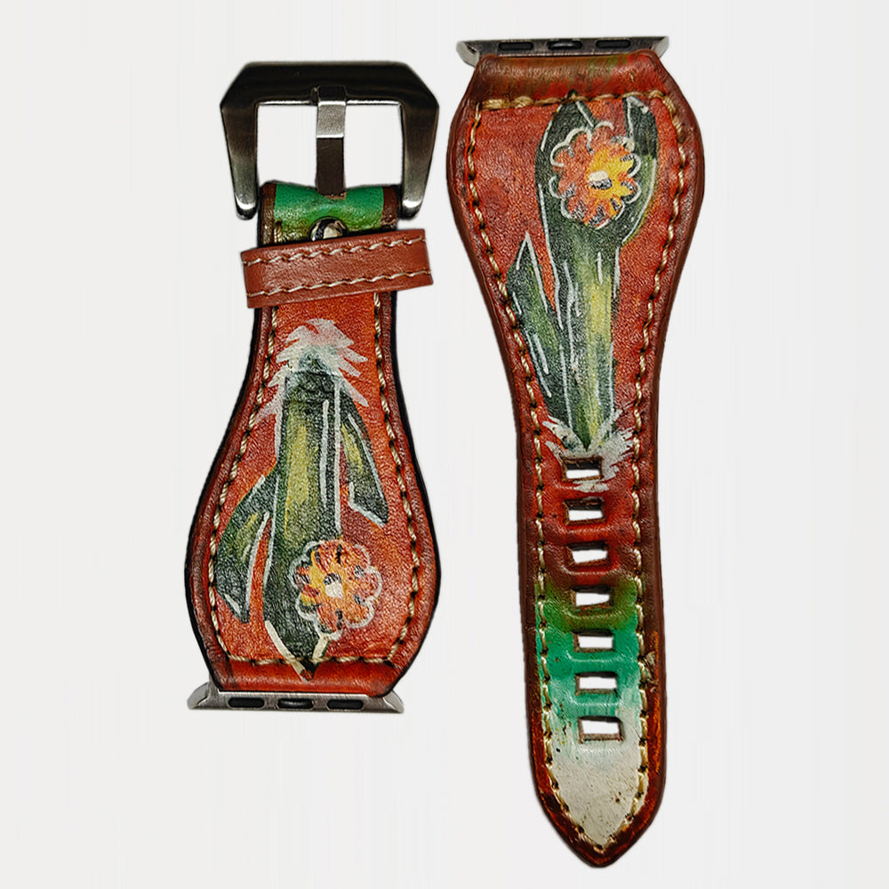 American Darling Hand Tooled I watch Strap Genuine Leather With Beautiful Cactus Painted Smart