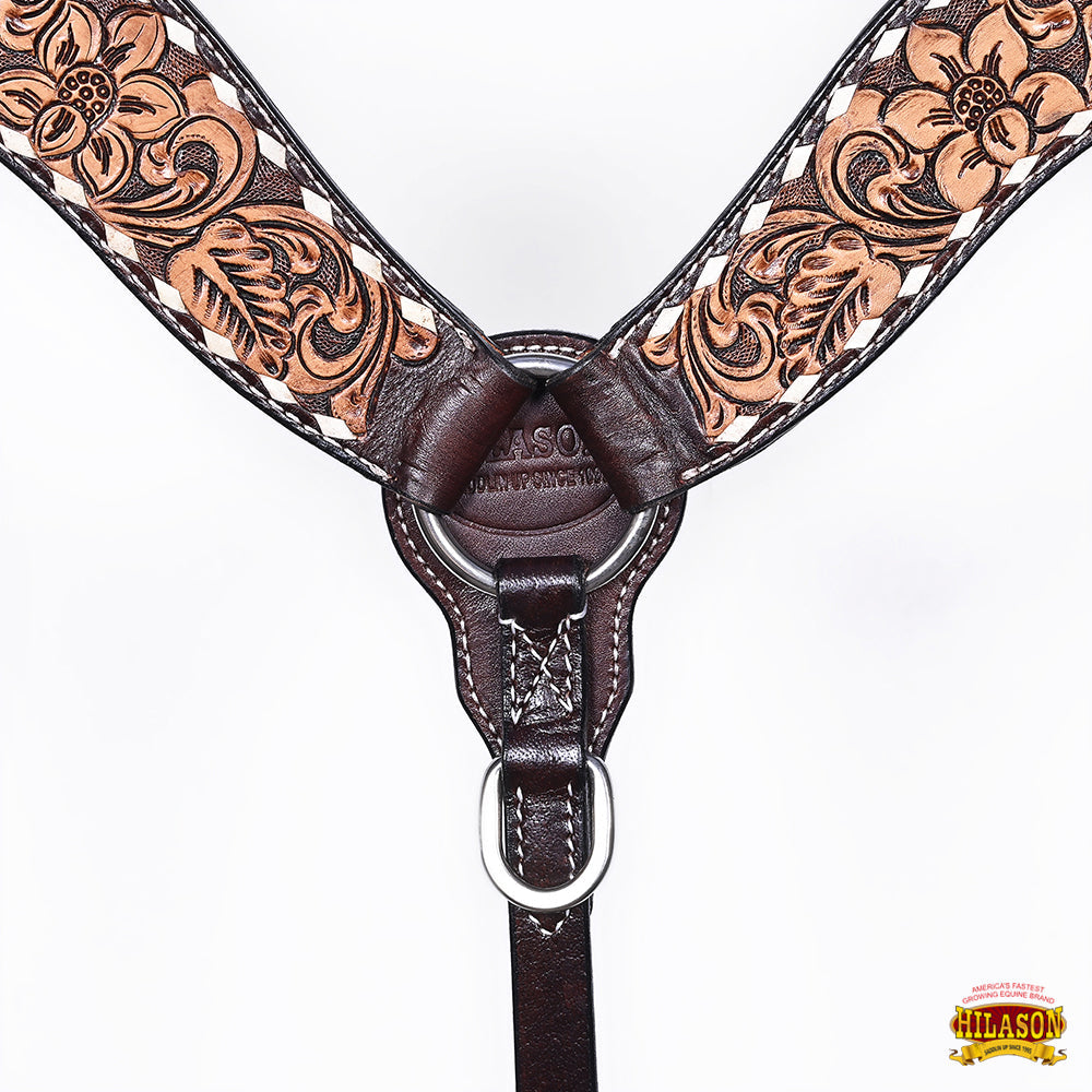 Hilason Horse Floral Hand Painted American Leather Breast Collar Headstall Dark Brown