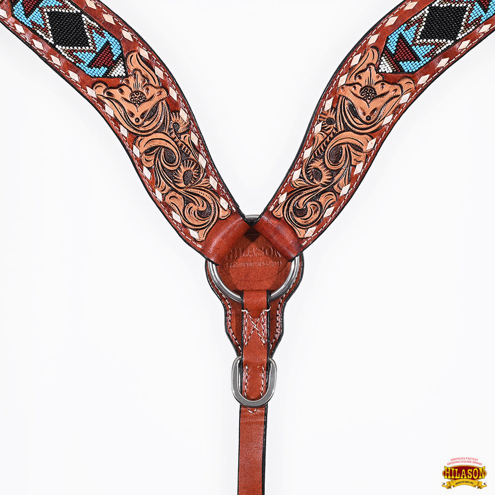 Hilason Horse Floral Hand Carved American Leather Breast Collar Headstall W/ Beaded Work Brown