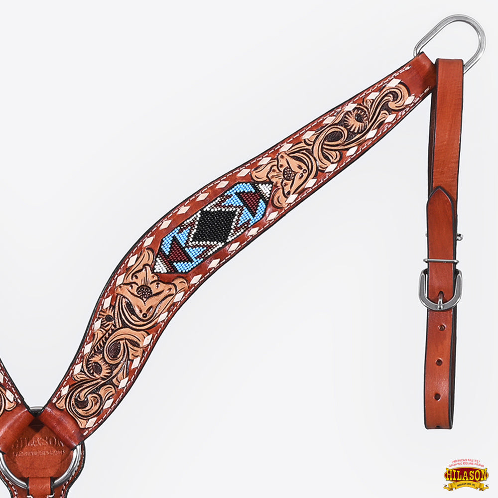 Hilason Horse Floral Hand Carved American Leather Breast Collar Headstall W/ Beaded Work Brown