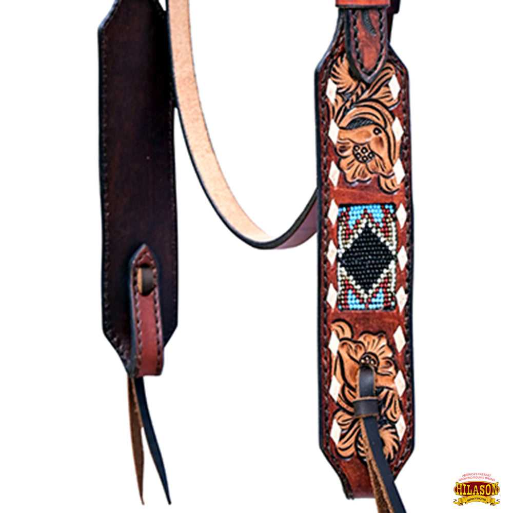 Hilason Horse Floral Hand Carved American Leather Breast Collar Headstall W/ Beaded Work Brown
