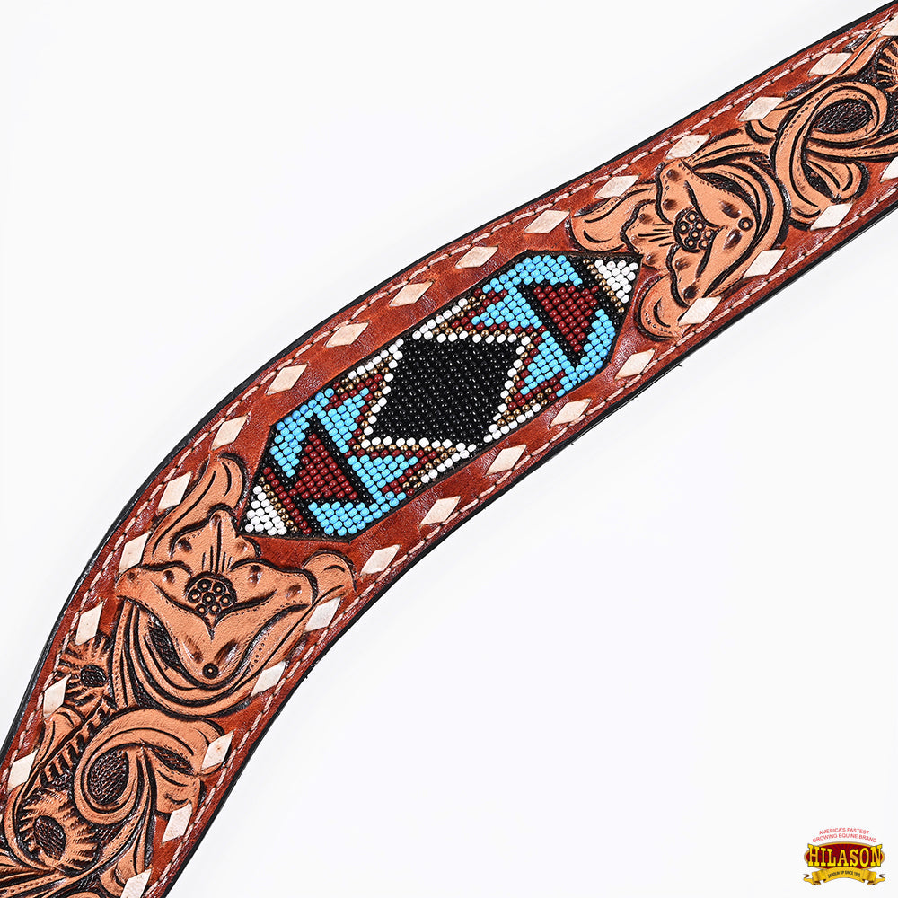 Hilason Horse Floral Hand Carved American Leather Breast Collar Headstall W/ Beaded Work Brown