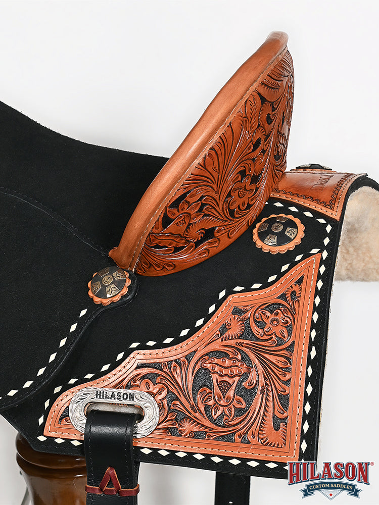 Hilason Western Horse Barrel Flex Tree Trail American Leather Saddle Black Gorgeous Floral Hand Tooled &amp; Carved