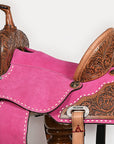 Hilason Western Horse Barrel Flex Tree Trail American Leather Saddle Pink Gorgeous Floral Hand Tooled & Carved