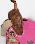 Hilason Western Horse Barrel Flex Tree Trail American Leather Saddle Pink Gorgeous Floral Hand Tooled & Carved