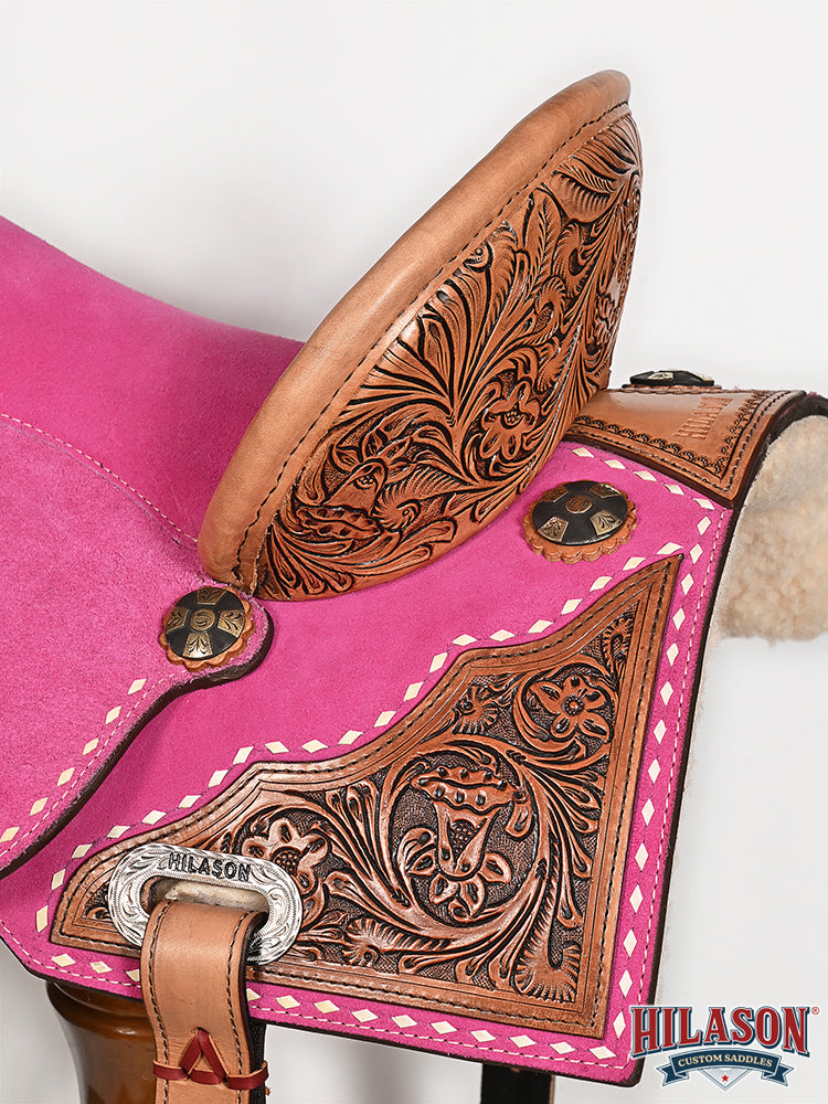 Hilason Western Horse Barrel Flex Tree Trail American Leather Saddle Pink Gorgeous Floral Hand Tooled &amp; Carved