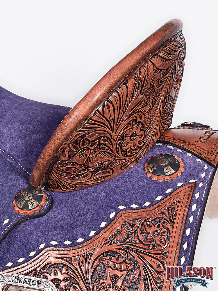 Hilason Western Horse Barrel Flex Tree Trail American Leather Saddle Blue Gorgeous Floral Hand Tooled &amp; Carved