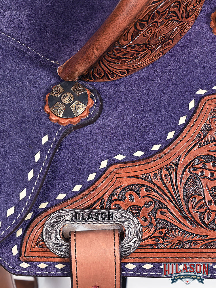 Hilason Western Horse Barrel Flex Tree Trail American Leather Saddle Blue Gorgeous Floral Hand Tooled &amp; Carved