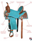 Hilason Western Horse Barrel Flex Tree Trail American Leather Saddle Turquoise Gorgeous Floral Hand Tooled & Carved