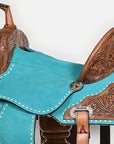 Hilason Western Horse Barrel Flex Tree Trail American Leather Saddle Turquoise Gorgeous Floral Hand Tooled & Carved