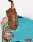 Hilason Western Horse Barrel Flex Tree Trail American Leather Saddle Turquoise Gorgeous Floral Hand Tooled & Carved