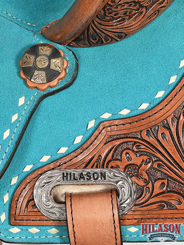 Hilason Western Horse Barrel Flex Tree Trail American Leather Saddle Turquoise Gorgeous Floral Hand Tooled &amp; Carved