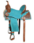 Hilason Western Horse Barrel Flex Tree Trail American Leather Saddle Turquoise Gorgeous Floral Hand Tooled & Carved