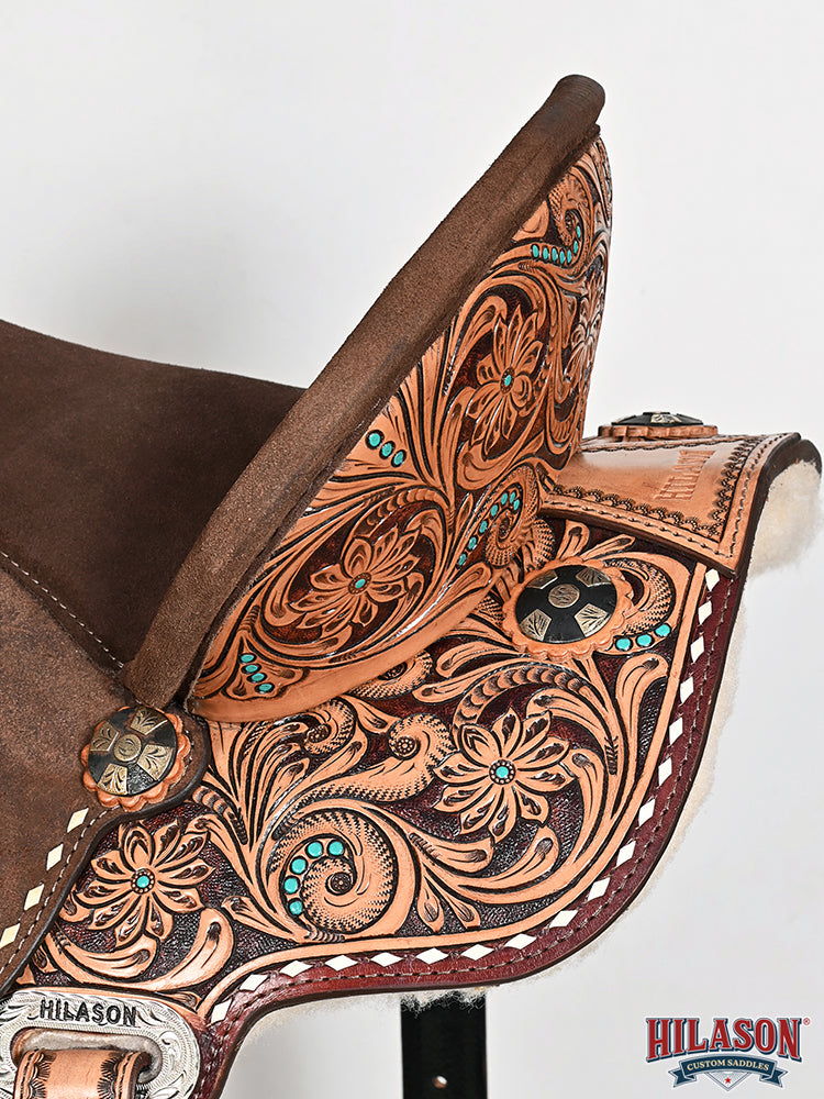 Hilason Western Horse Barrel Flex Tree Trail American Leather Saddle Brown Gorgeous Floral Hand Tooled &amp; Carved