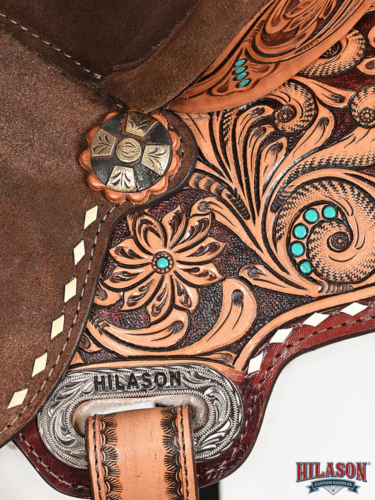 Hilason Western Horse Barrel Flex Tree Trail American Leather Saddle Brown Gorgeous Floral Hand Tooled &amp; Carved