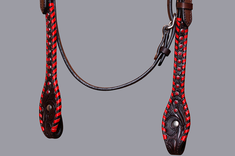 BAR H EQUINE Horse Hand Carved Breast Collar Headstall Genuine Leather Dark Brown