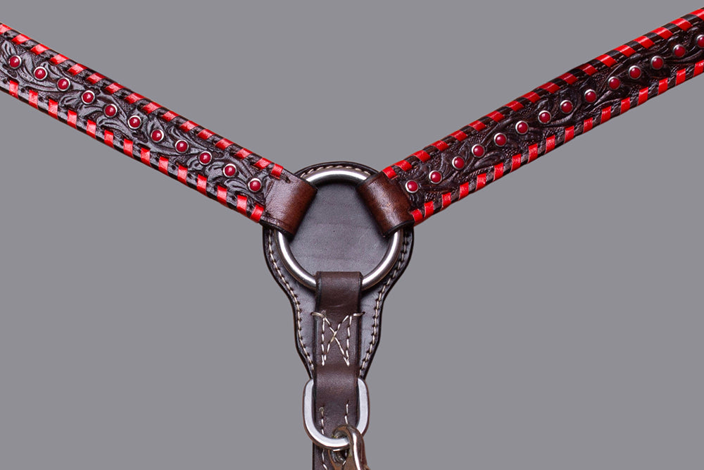BAR H EQUINE Horse Hand Carved Breast Collar Headstall Genuine Leather Dark Brown