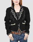 American Darling Genuine Suede Embroidered leather Blazer ladies Girl Black