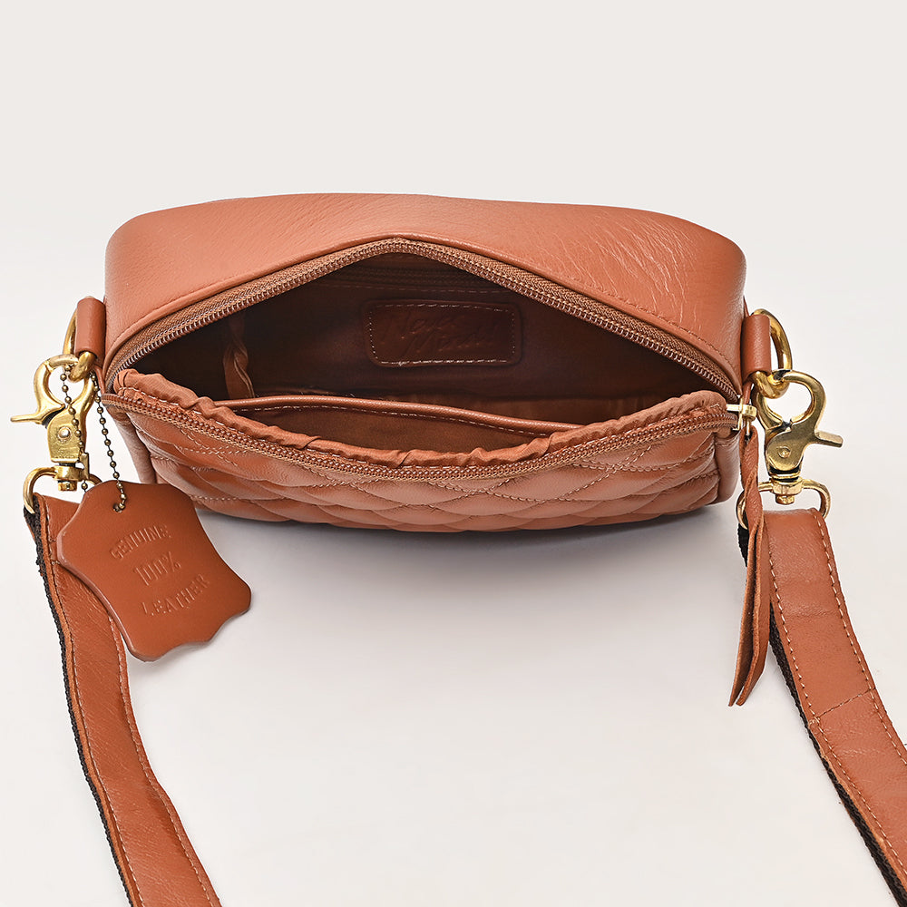 NEVER MIND Luxury Tan Quilted Leather Camera Bag Crossbody Adjustable Strap