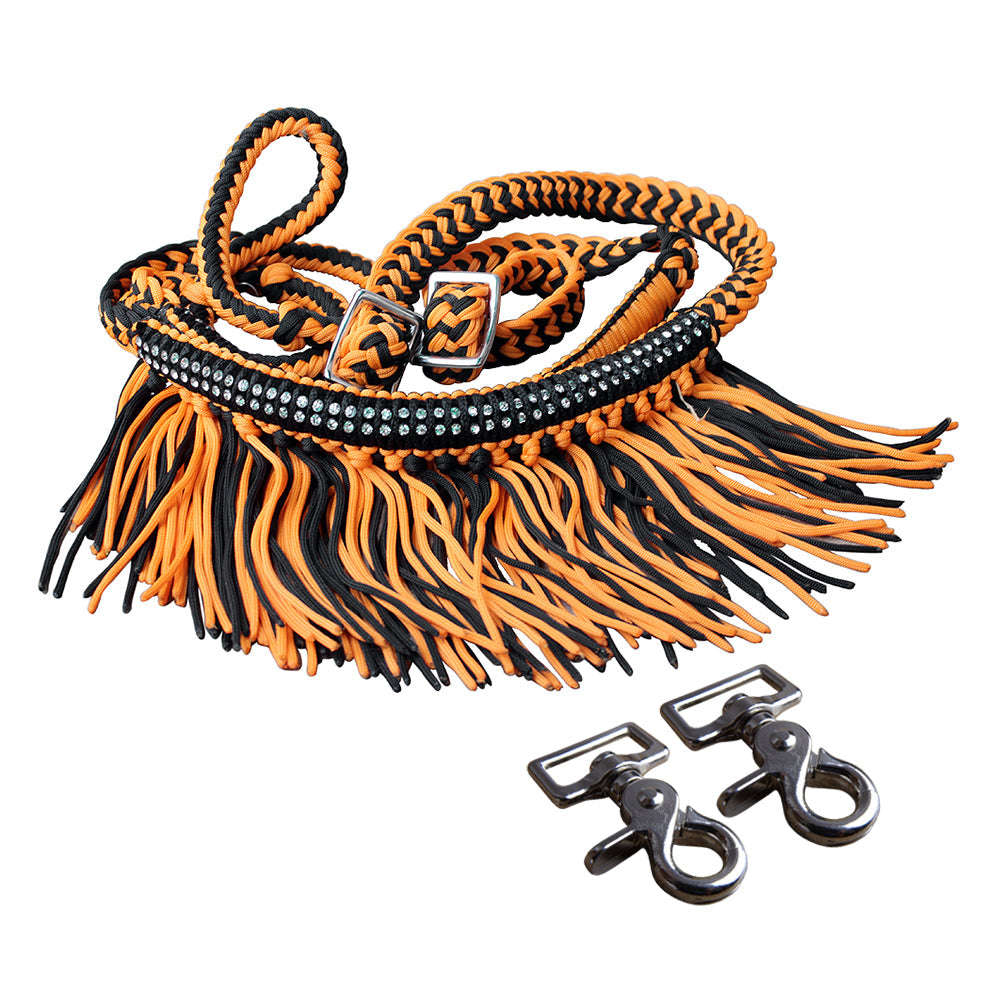 1&quot; X 8Ft Hilason Braided Barrel Horse Racing Reins Knots Fringe Crystal W/ Snaps