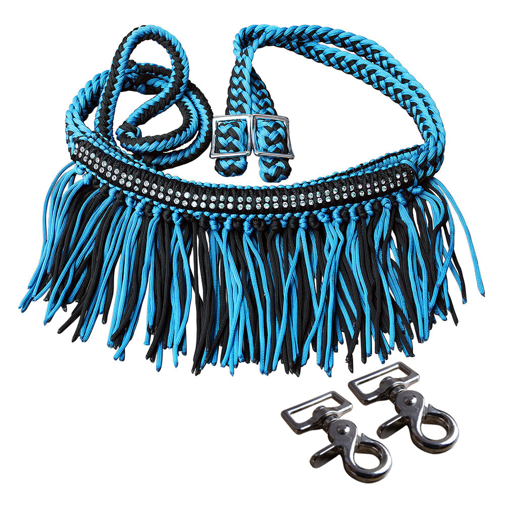1&quot; X 8Ft Hilason Braided Barrel Horse Racing Reins Knots Fringe Crystal W/ Snaps