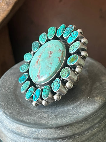 Navajo Sterling Silver Around The World Kingman Cluster Ring by B Yellowhorse, Size 7.5