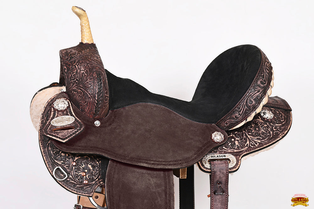 Hilason Western Horse Barrel Flex Tree Trail American Leather Saddle Antique Dark Brown Gorgeous Floral Hand Tooled &amp; Carved
