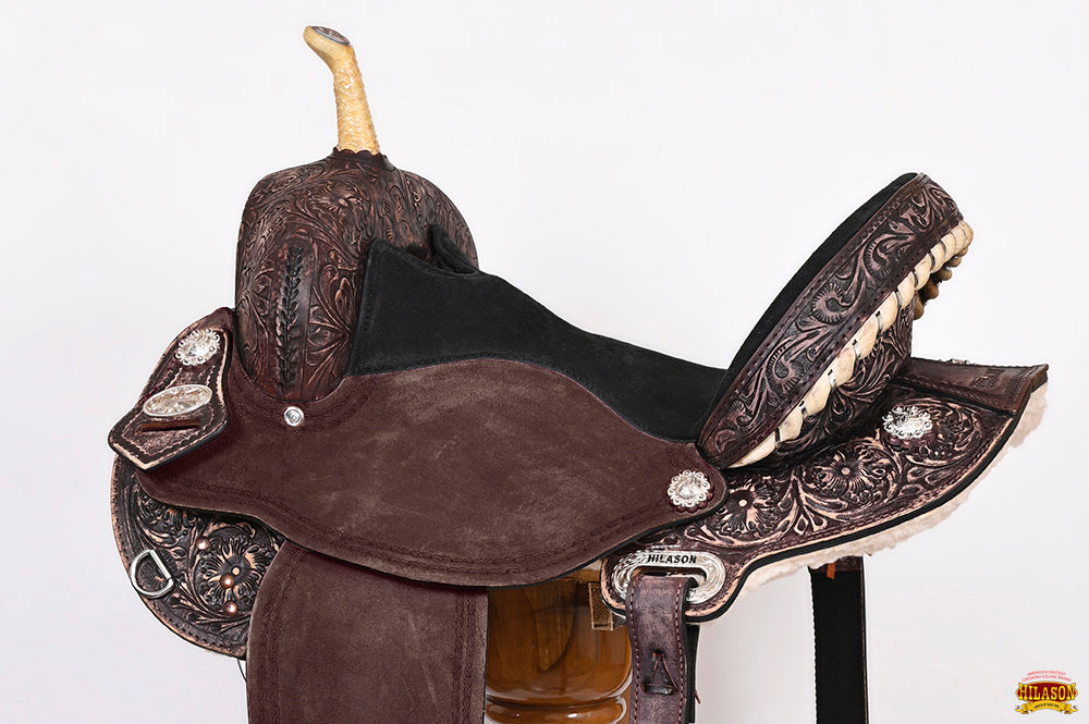 Hilason Western Horse Barrel Flex Tree Trail American Leather Saddle Antique Dark Brown Gorgeous Floral Hand Tooled &amp; Carved