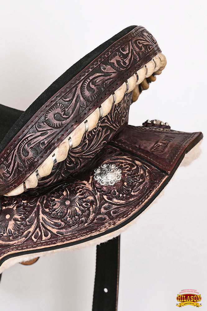 Hilason Western Horse Barrel Flex Tree Trail American Leather Saddle Antique Dark Brown Gorgeous Floral Hand Tooled &amp; Carved
