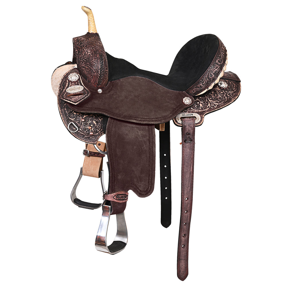 Hilason Western Horse Barrel Flex Tree Trail American Leather Saddle Antique Dark Brown Gorgeous Floral Hand Tooled &amp; Carved