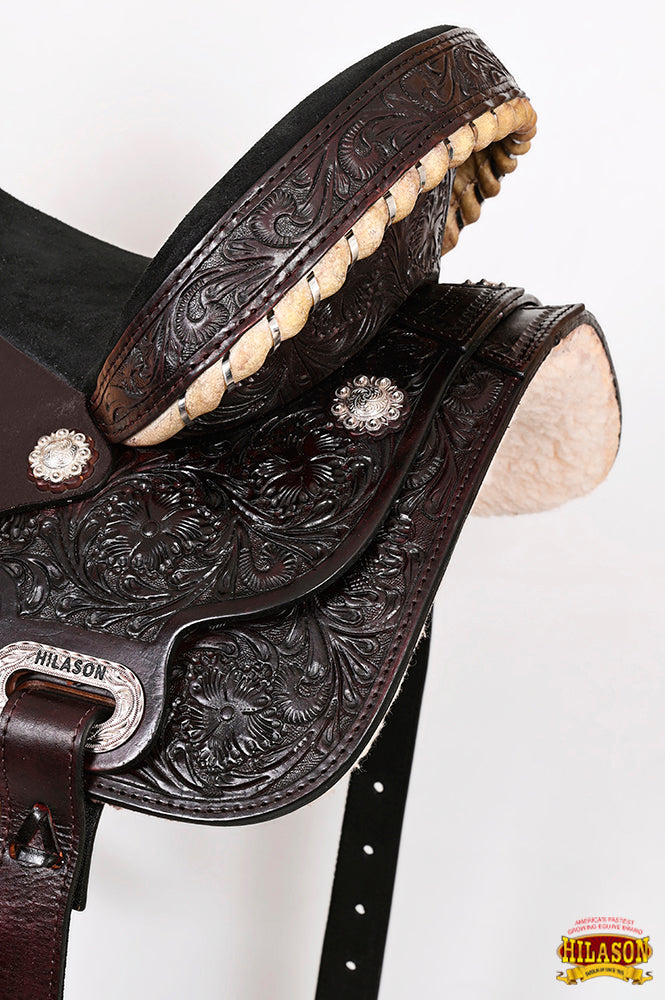 Hilason Western Horse Barrel Flex Tree Trail American Leather Saddle Dark Brown Gorgeous Floral Hand Tooled &amp; Carved