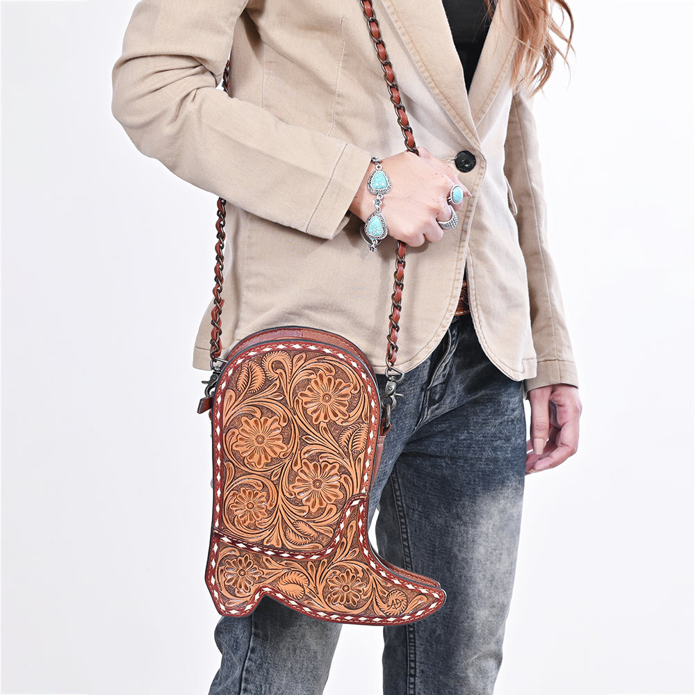 American Darling Women&#39;s Crossbody Western Hand Tooled Genuine Leather Handbag with Rivets
