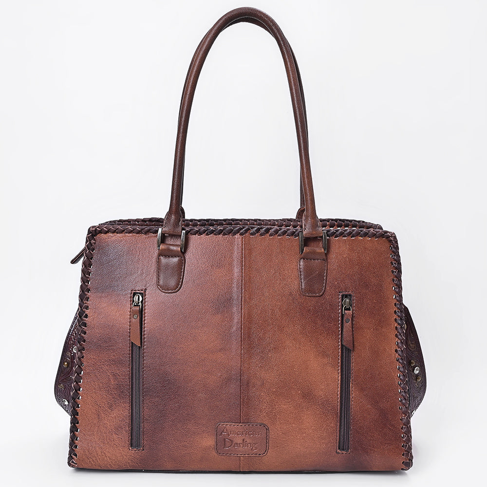 American Darling Women&#39;s Tote Western Hand Tooled Genuine Leather Handbag with Rivets