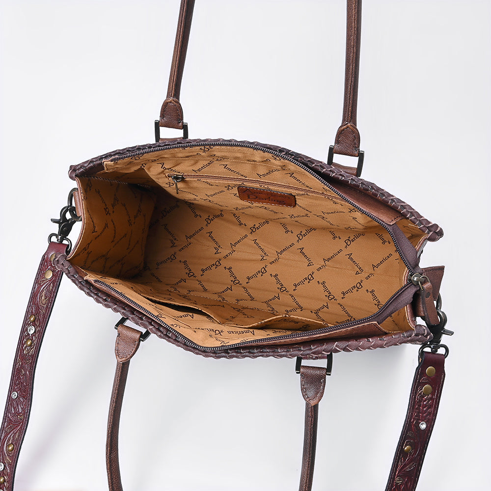 American Darling Women&#39;s Tote Western Hand Tooled Genuine Leather Handbag with Rivets