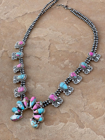 Handmade Cotton Candy Sterling Silver Squash Blossom Necklace