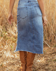 Alexis Irregular Distressed Bottom Denim Midi Skirt