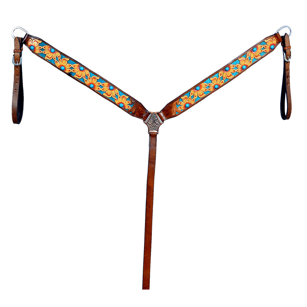 HILASON Western Horse Leather Headstall &amp; Breast Collar Set Brown Sunflower