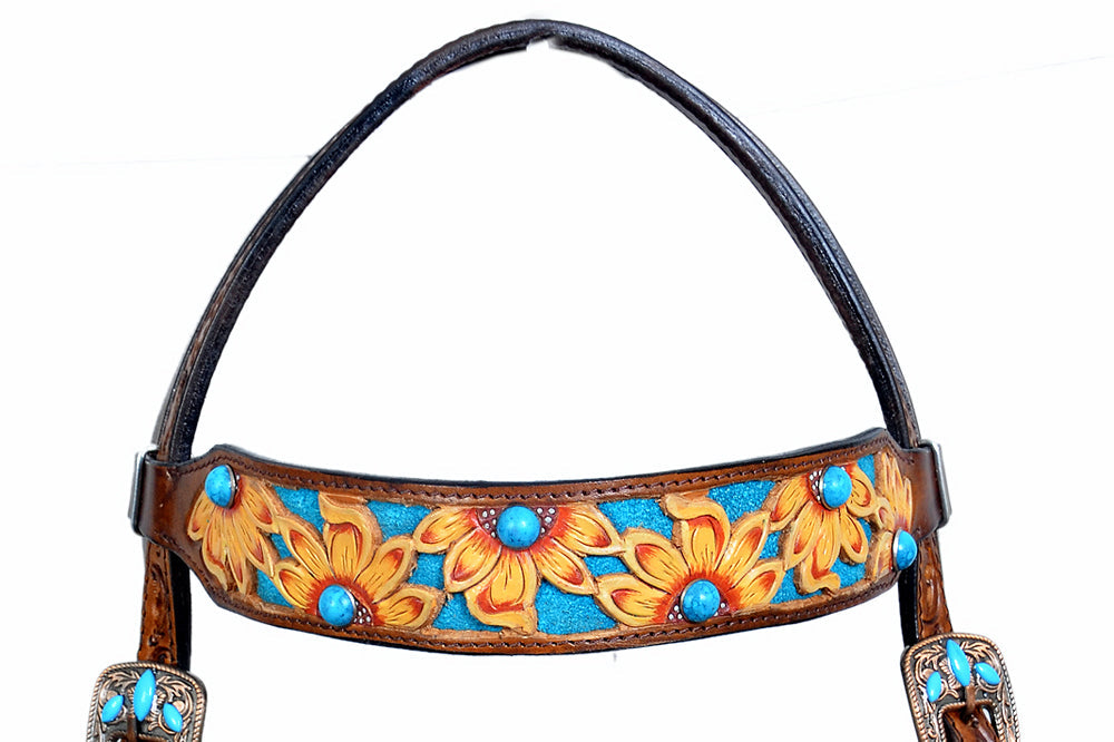 HILASON Western Horse Leather Headstall &amp; Breast Collar Set Brown Sunflower
