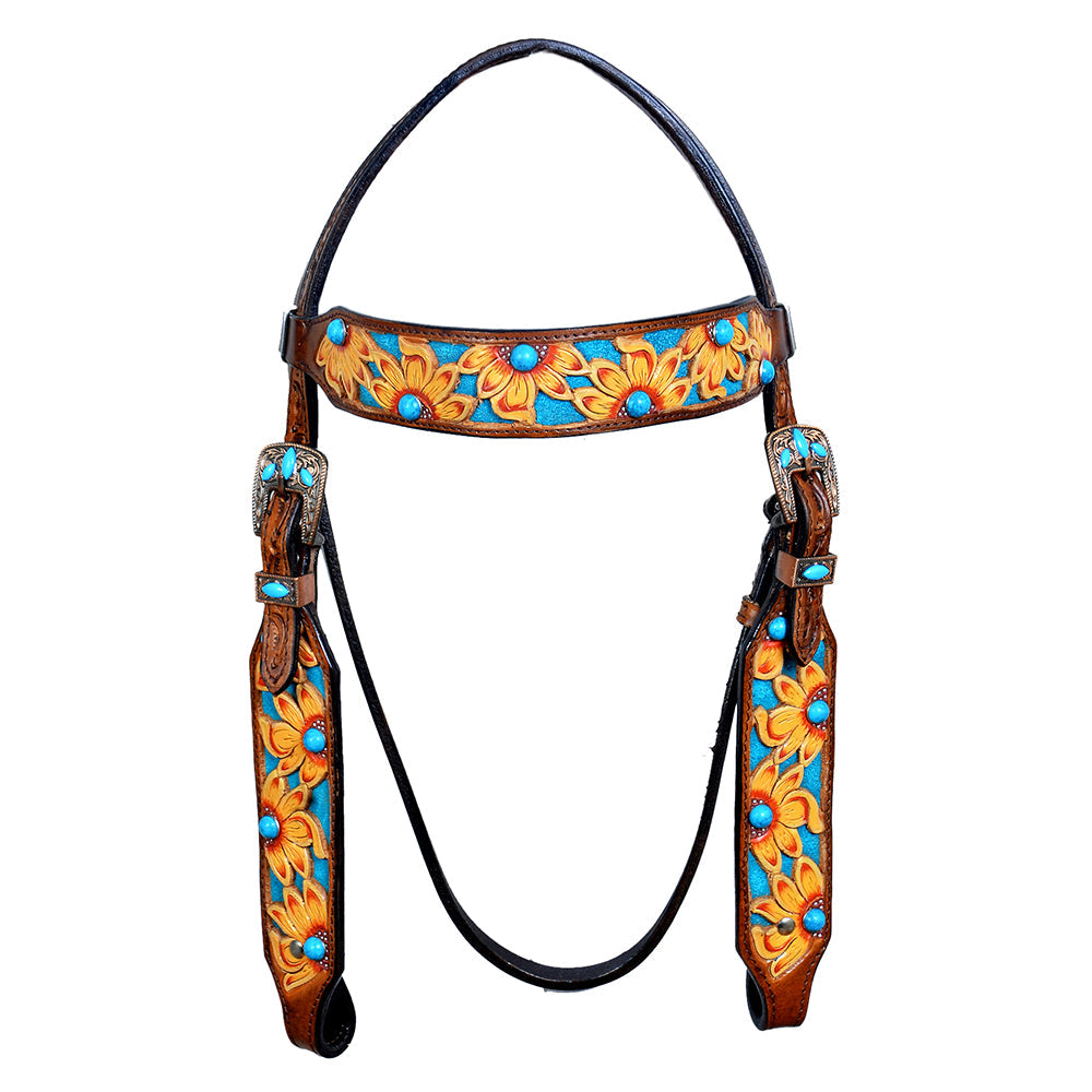 HILASON Western Horse Leather Headstall &amp; Breast Collar Set Brown Sunflower