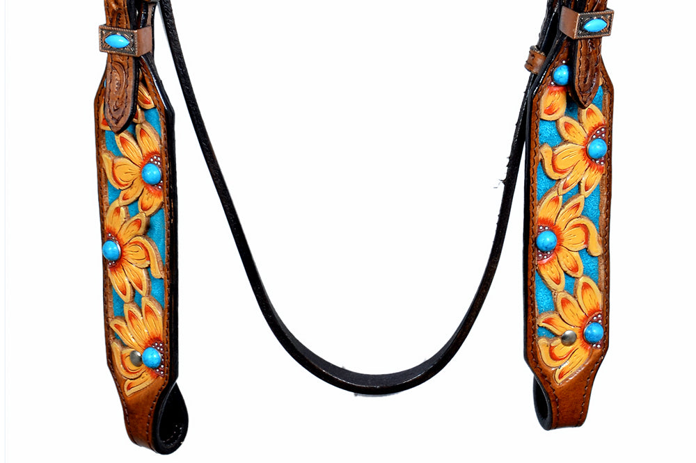HILASON Western Horse Leather Headstall &amp; Breast Collar Set Brown Sunflower