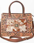 AMERICAN DARLING Tooled Leather & Cowhide Satchel Bag Hand-Carved Floral Border