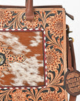 AMERICAN DARLING Tooled Leather & Cowhide Satchel Bag Hand-Carved Floral Border