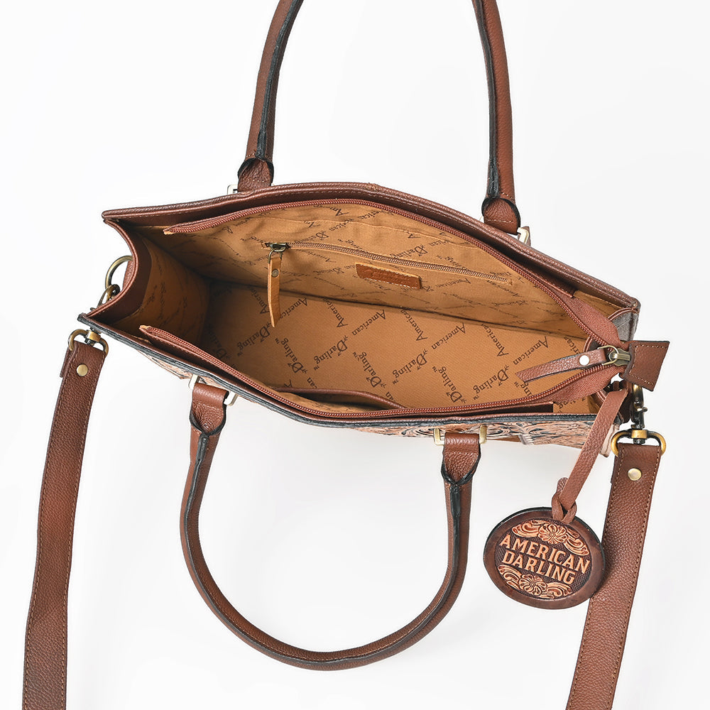 AMERICAN DARLING Tooled Leather &amp; Cowhide Satchel Bag Hand-Carved Floral Border