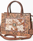 AMERICAN DARLING Tooled Leather & Cowhide Satchel Bag Hand-Carved Floral Border