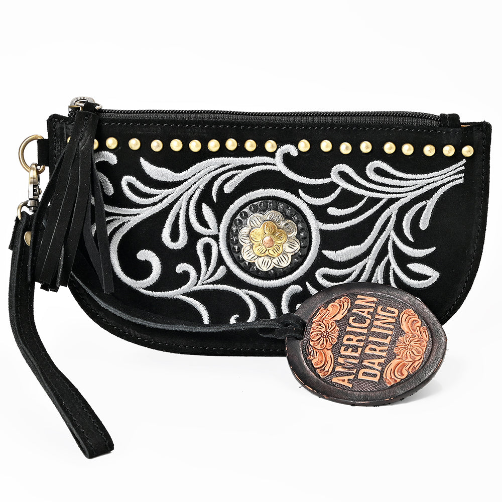 American Darling Genuine Suede Leather Western Wristlet Clutch Floral Scroll