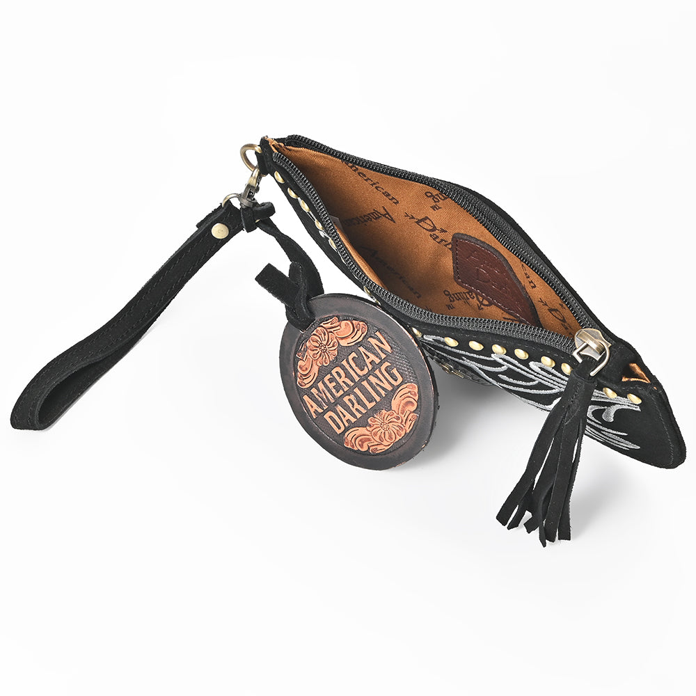 American Darling Genuine Suede Leather Western Wristlet Clutch Floral Scroll